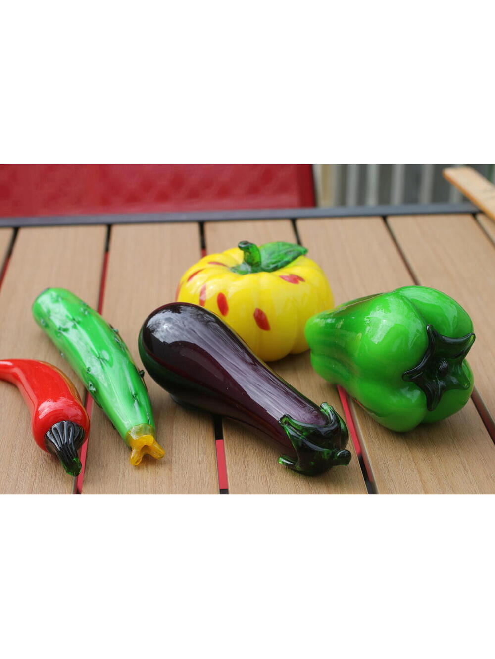 Vintage Art Glass Vegetable Fruit Set Pepper Eggplant Cucumber Chili Pumpkin 5pc